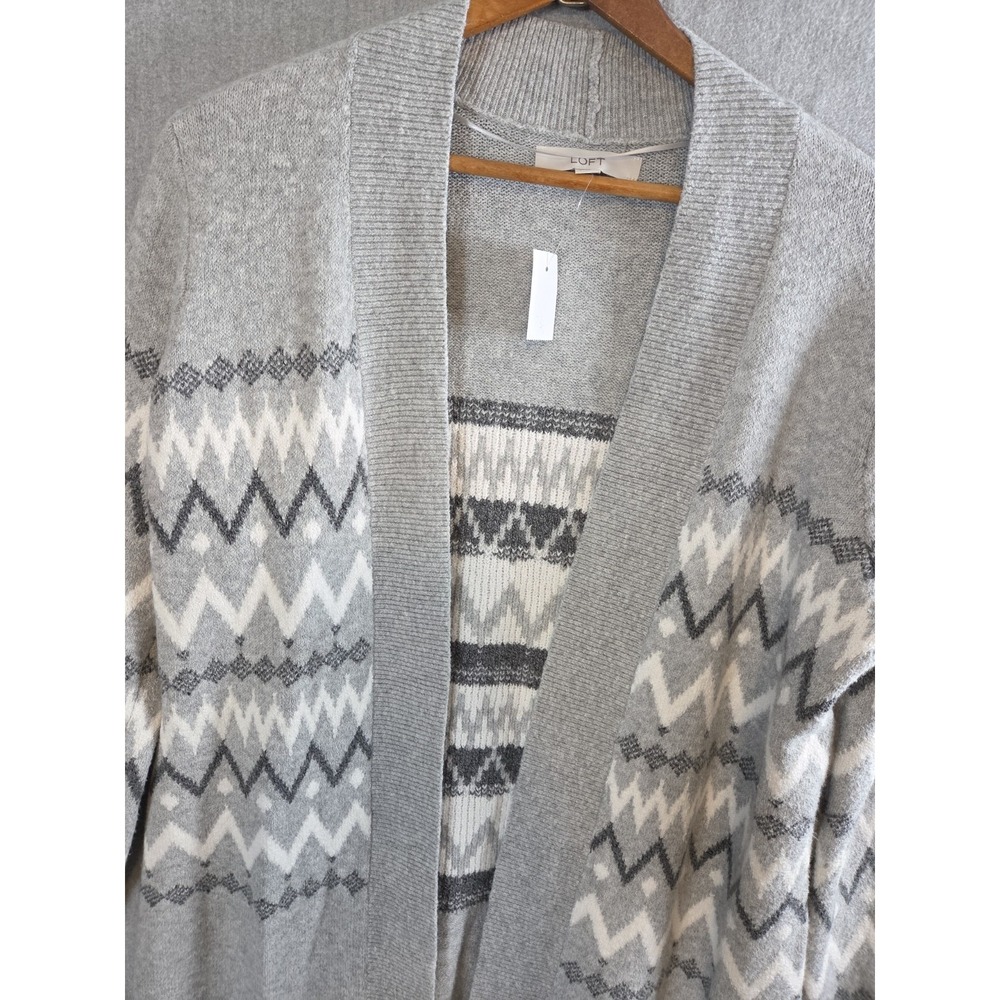 ANN TAYLOR LOFT L Cardigan Sweater Gray Print Fair Isle Nordic Open Front NEW